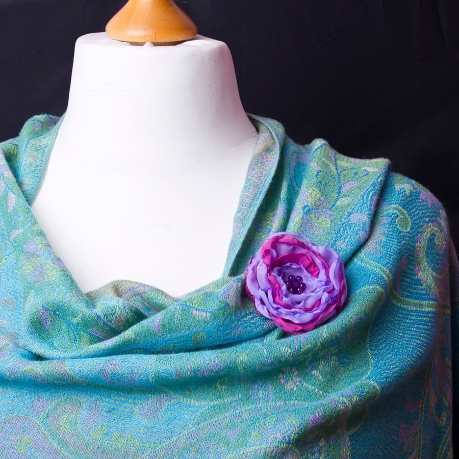  Fabric Flower Brooch - pink and lilac organza fabric pin with purple beads