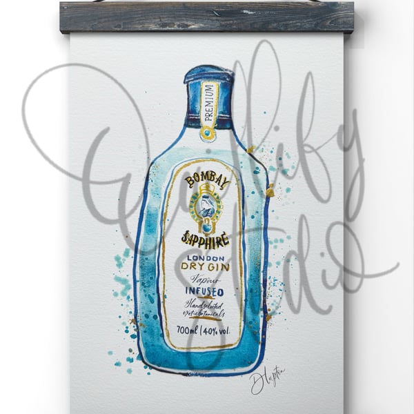 Hand Finished Watercolour A4 Art Print - Bombay Sapphire London Dry Gin