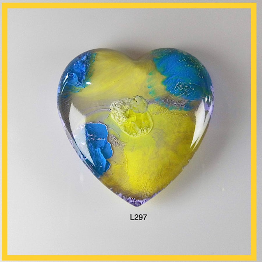 Large Yellow  & Blue Heart Cabochon, hand made,Unique, Resin Jewelry, L297