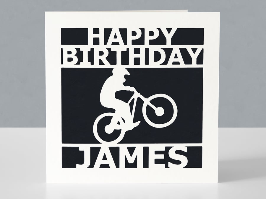 Personalised mountain bike birthday card - Papercut design