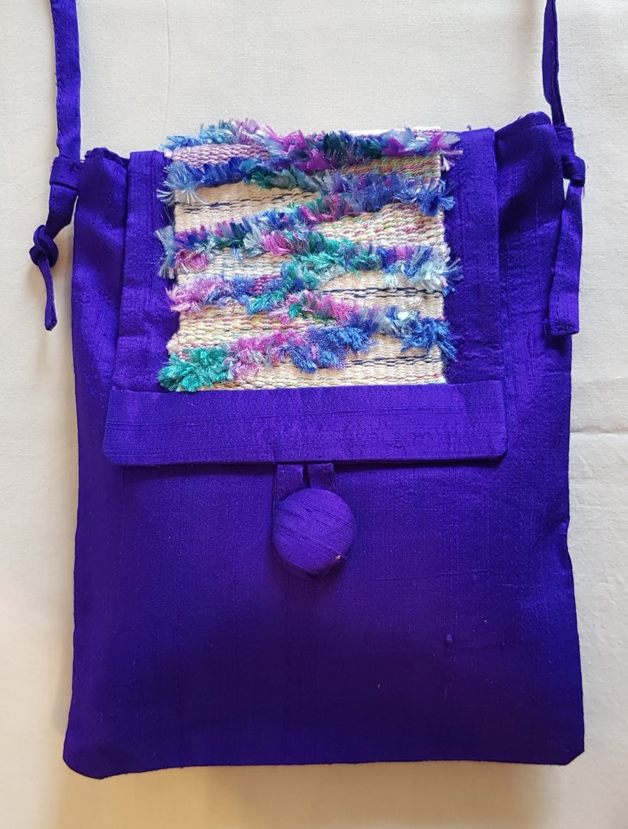 Crossbody bag: purple silk with hand woven panel