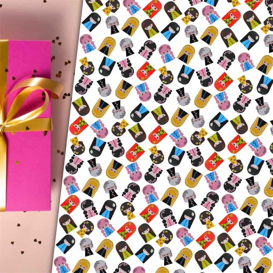 Cute Kokeshi Doll Wrapping Paper featuring original Japanese doll paintings