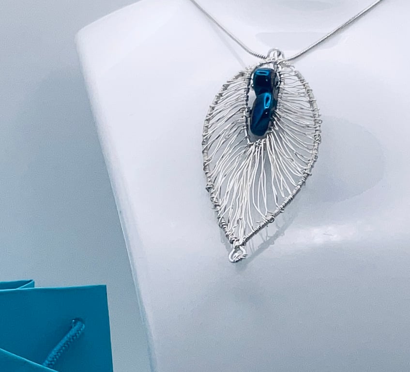 Sparkling Midnight Blue Filigree Leaf Shaped Pendant