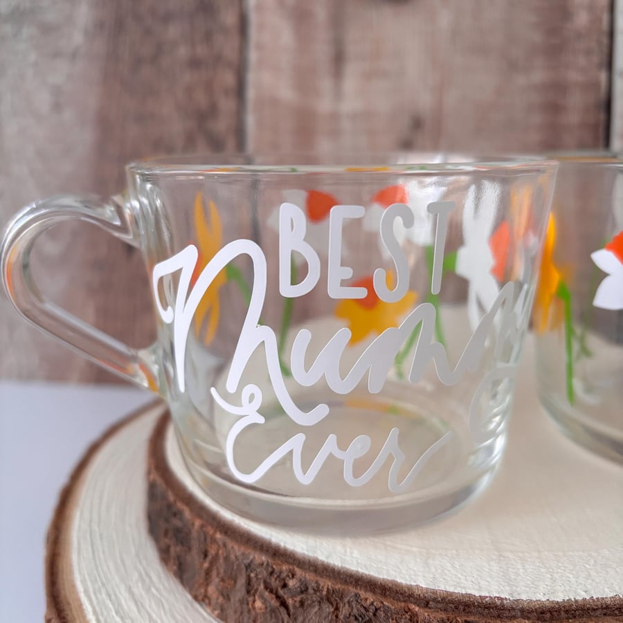 Mum Ever Glass Coffee Mug, Hand-Lettered Floral Design