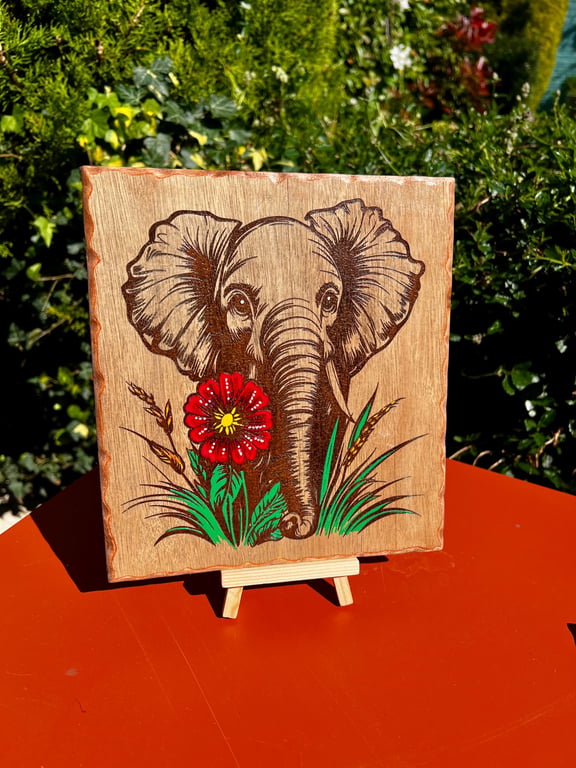  Elephant Wooden Plaque with Colour Splash – Bespoke Handmade Wall Art – Unique 