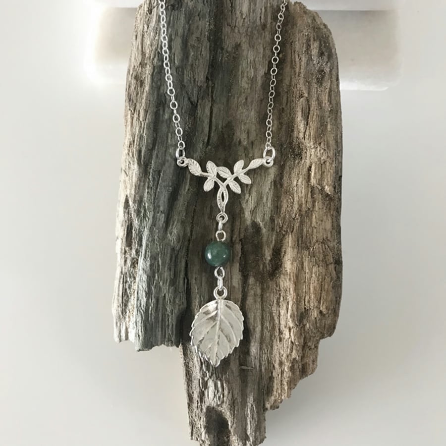 Sterling silver green  gemstone leaf necklace, gift for her, anniversary gift