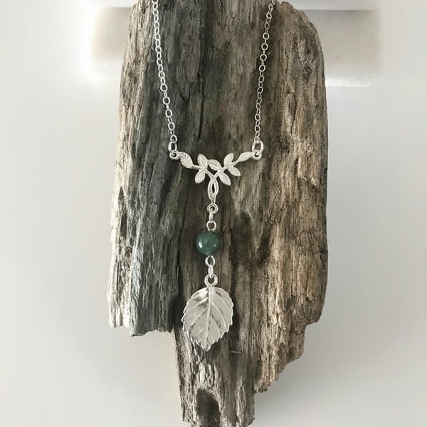 Sterling silver green  gemstone leaf necklace, gift for her, anniversary gift