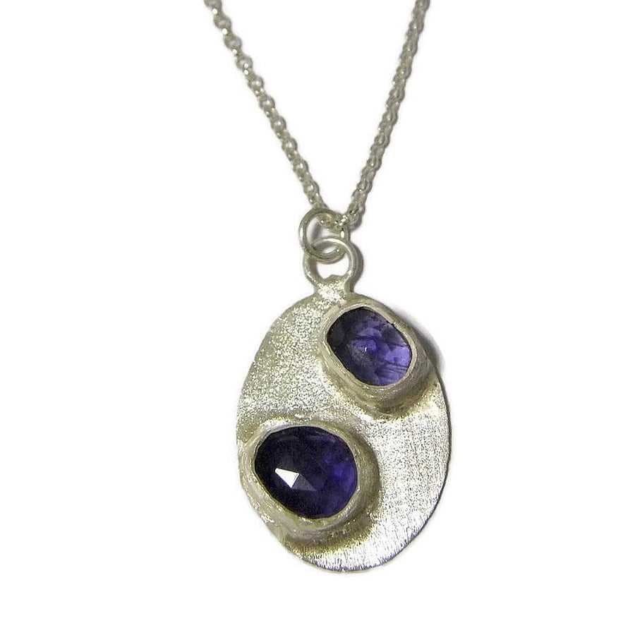 Handmade Sterling Silver Iolite Necklace,  Rose Cut Gemstone Pendant 