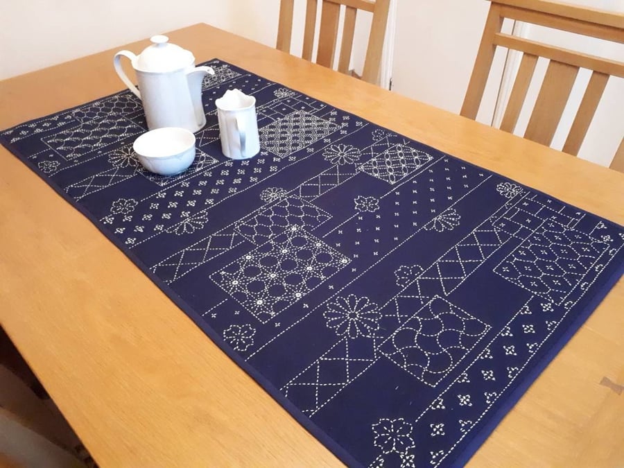 Blue and Cream Hand Embroidered Sashiko Table Runner