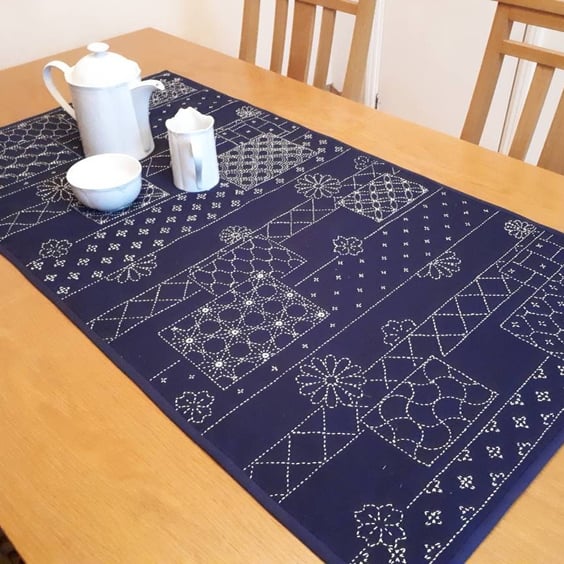 Blue and Cream Hand Embroidered Sashiko Table Runner