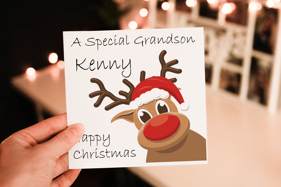 Special Grandson Rudolf Christmas Card, Grandson Christmas Card, Personalized