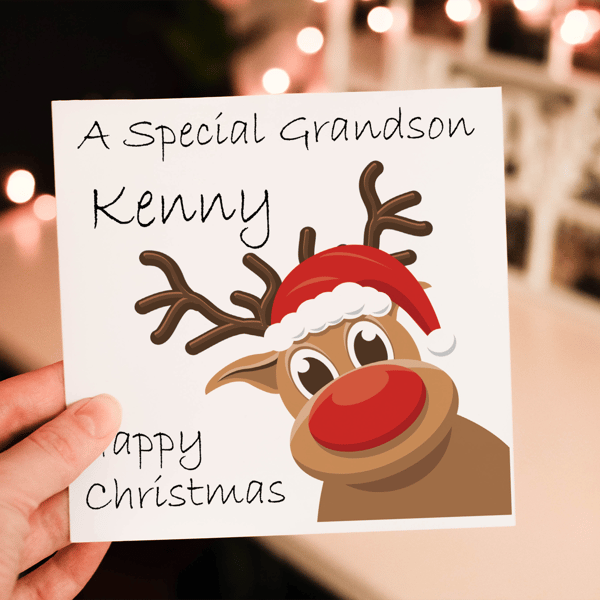 Special Grandson Rudolf Christmas Card, Grandson Christmas Card, Personalized