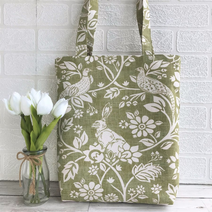 Hare and pheasant tote bag in sage green and white