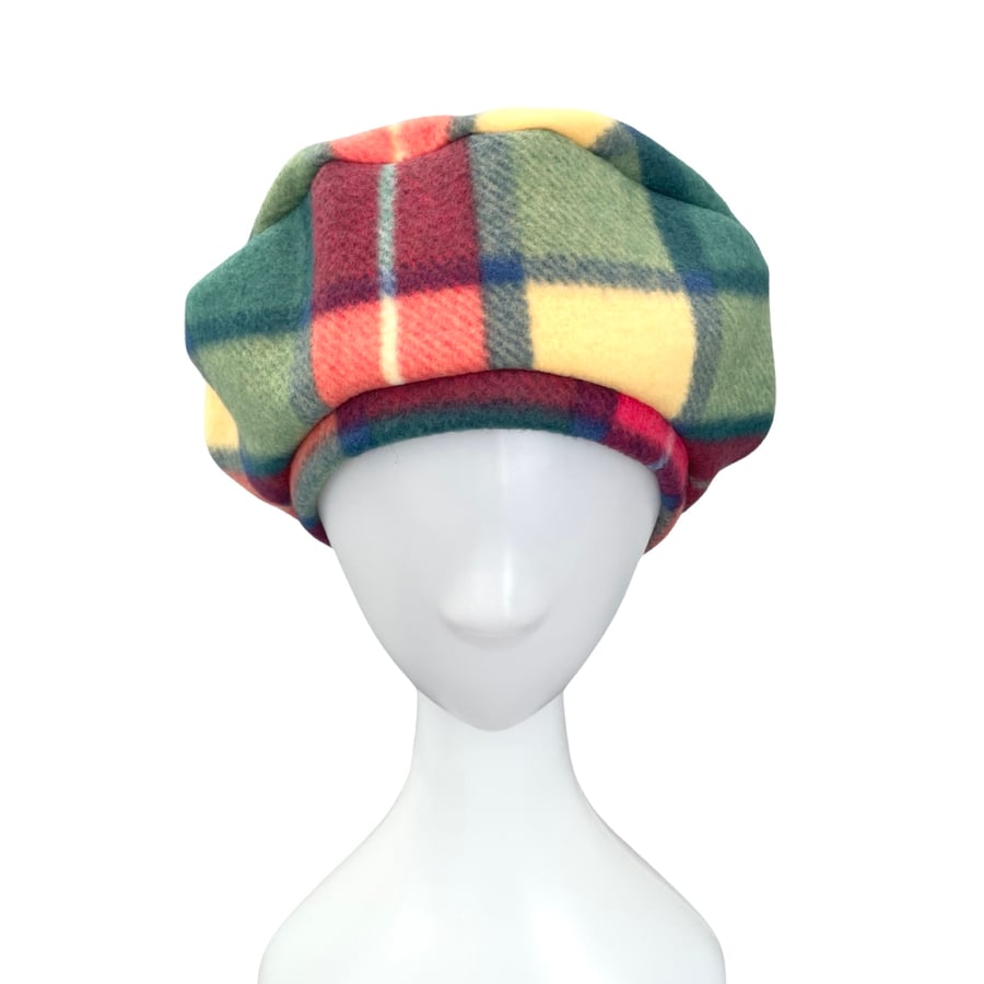 Soft Green and Yellow Tartan French Beret Hat Retro Fleece Winter Beret Hat 