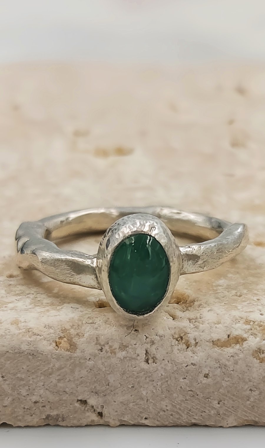 Hand Forged Sterling Silver Emerald Ring – Molten Texture