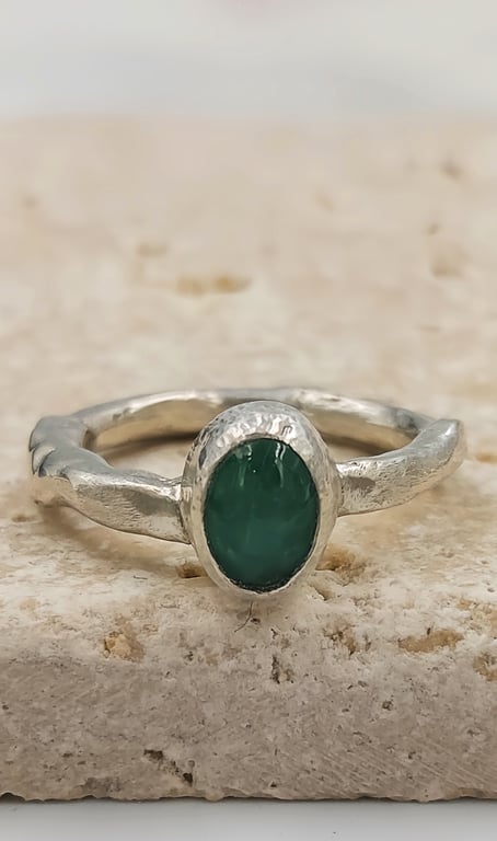 Hand Forged Sterling Silver Emerald Ring – Molten Texture
