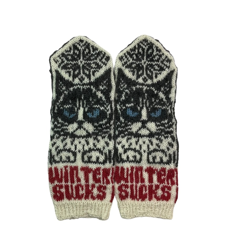 Hand knitted grey cat mittens, grumpy cat hand knit wool , fairisle stranded 