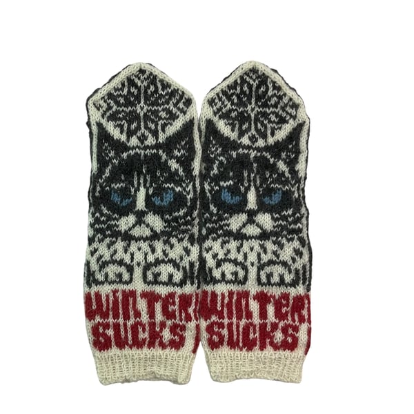 Hand knitted grey cat mittens, grumpy cat hand knit wool , fairisle stranded 