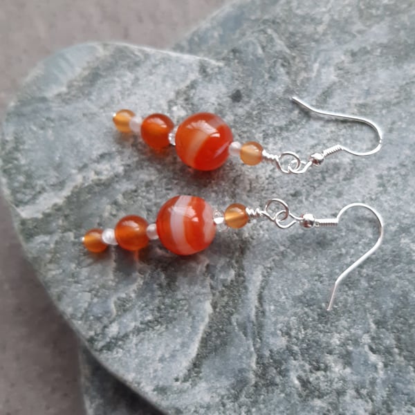 Orange Agate and Carnelian Drop Silver Plated Earrings