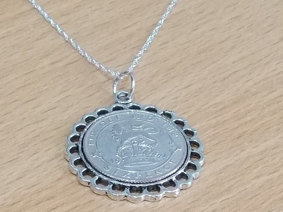 Fine Pendant 1925 Lucky sixpence 96th Birthday plus a Sterling Silver 18in Chain