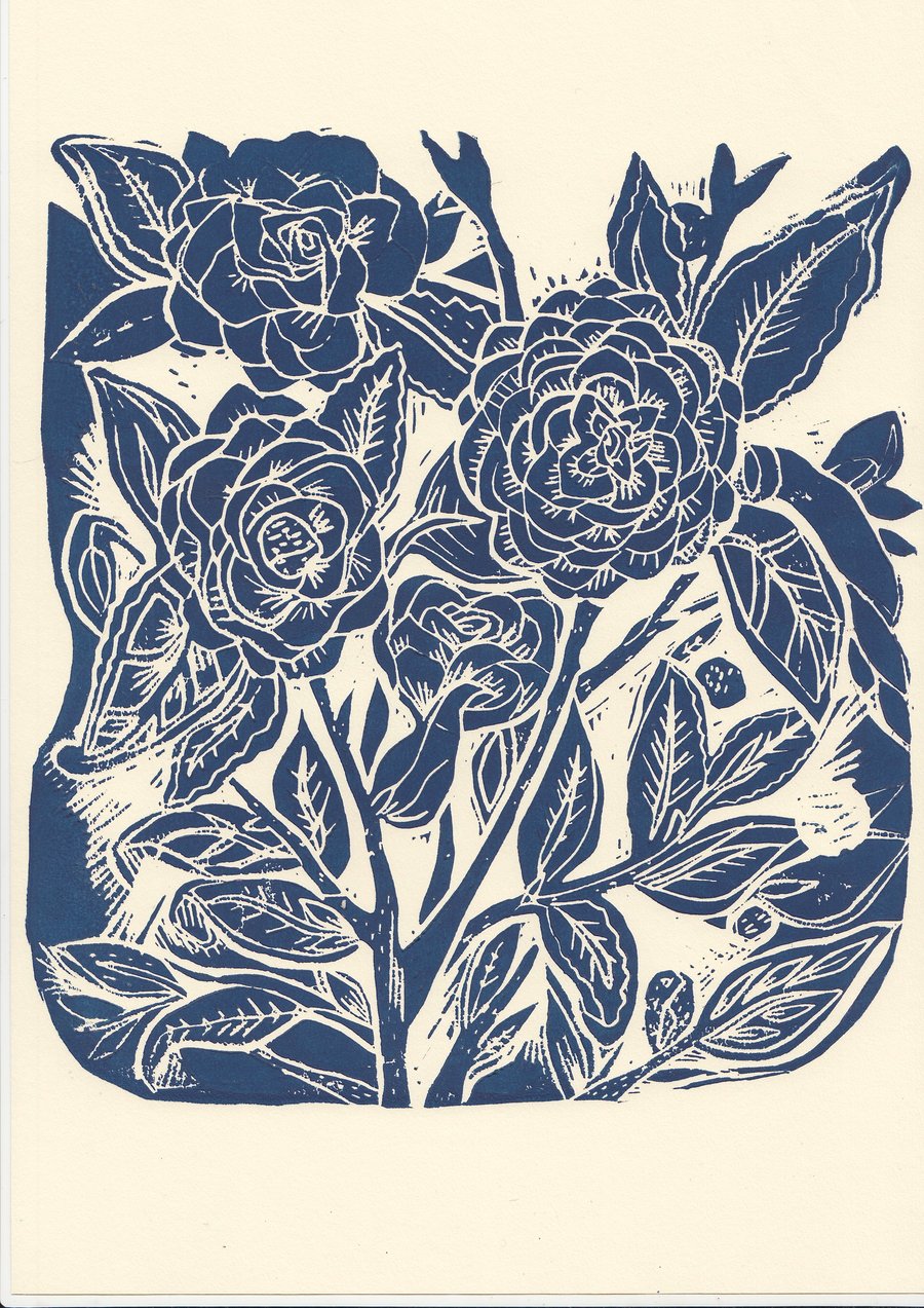 A4 Blue Linocut Flower Print