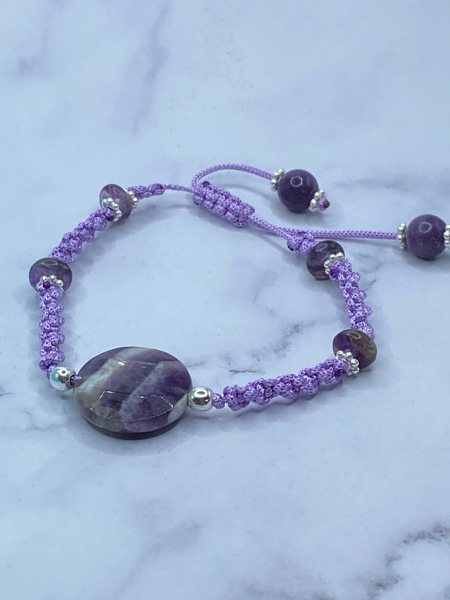 Lilac macrame cord bracelet with faceted chevron amethyst round