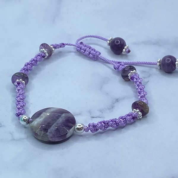 Lilac macrame cord bracelet with faceted chevron amethyst round