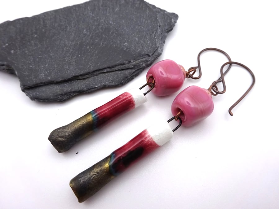 pink lampwork glass and ceramic earrings
