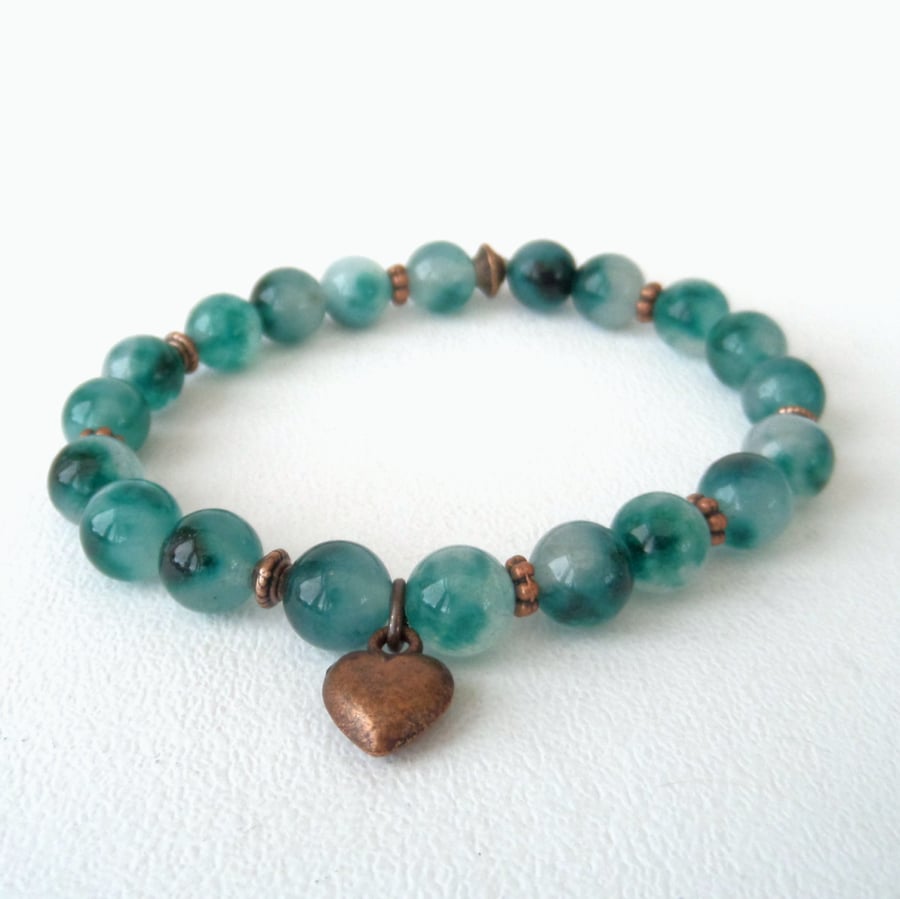 Teal green jade and copper bracelet, with copper heart charm