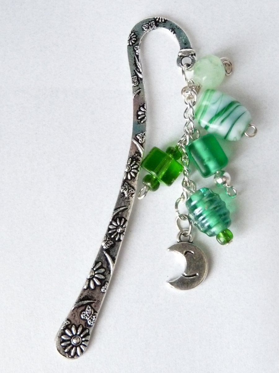 Green Indian Glass Bead Charm Bookmark - Handmade - 01