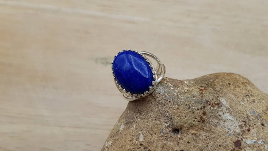 Adjustable Lapis lazuli ring. September birthstone. 925 sterling silver
