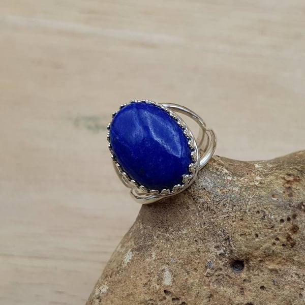 Adjustable Lapis lazuli ring. September birthstone. 925 sterling silver