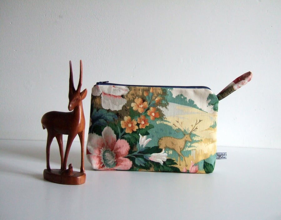 Vintage Sanderson fabric woodland glen cosmetics or make up bag 