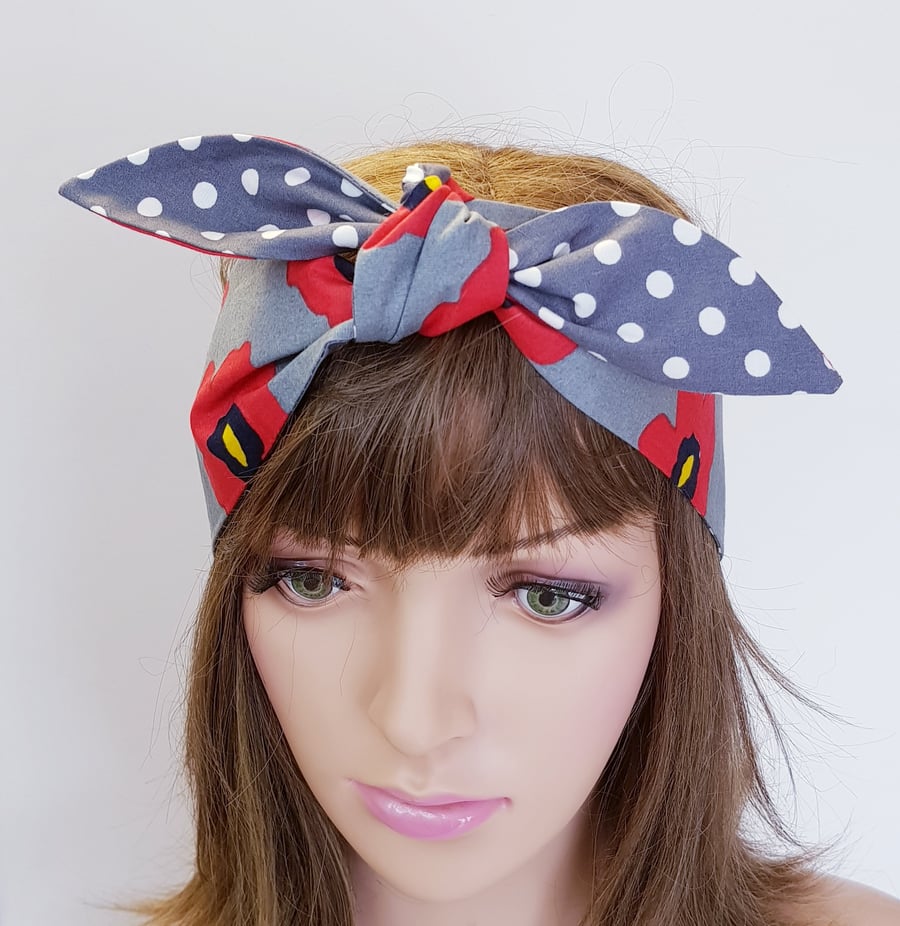 Rockabilly hair scarf, self tie cotton headband, reversible hair tie , headscarf