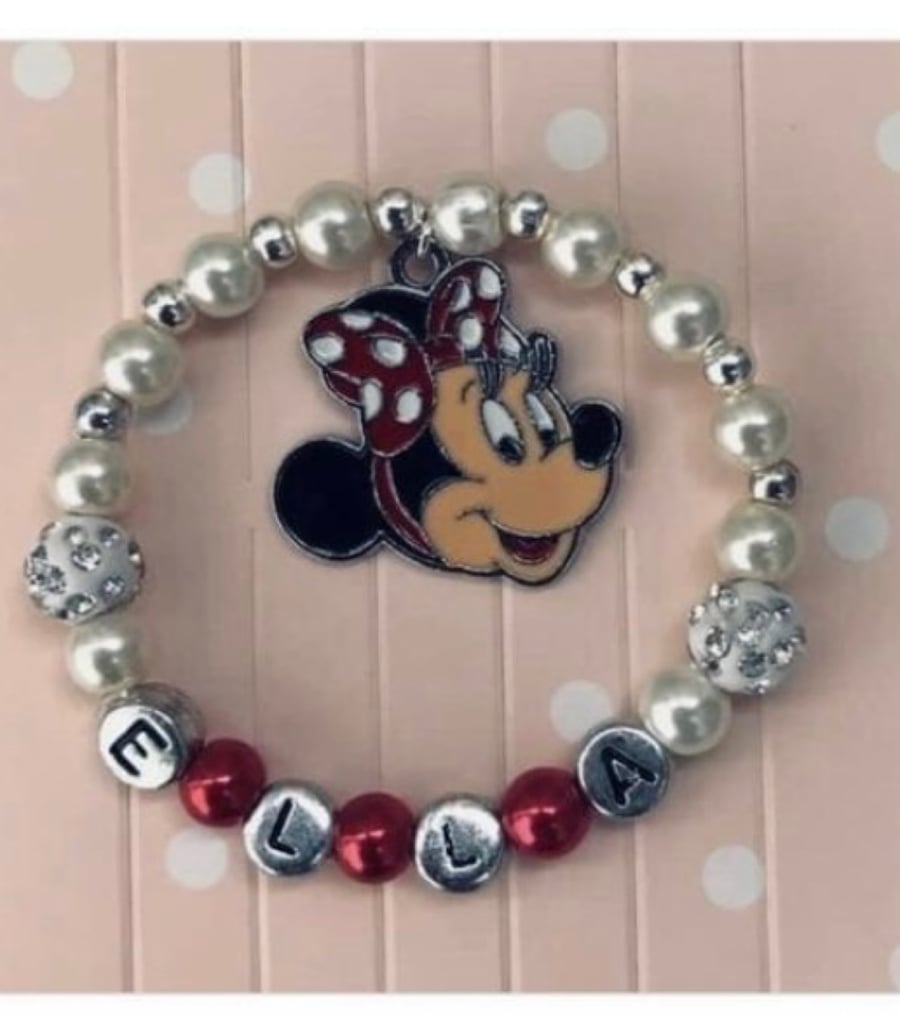 Ivory and red stretch beaded personalised Minnie Mouse bracelet 