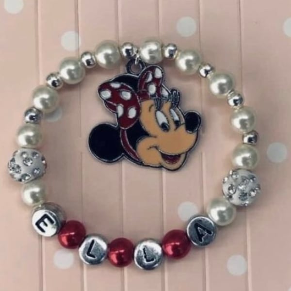 Ivory and red stretch beaded personalised Minnie Mouse bracelet 