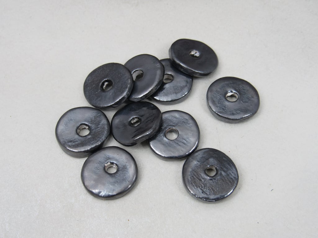 10 Medium Metallic Pewter Glazed Ceramic Washer Beads