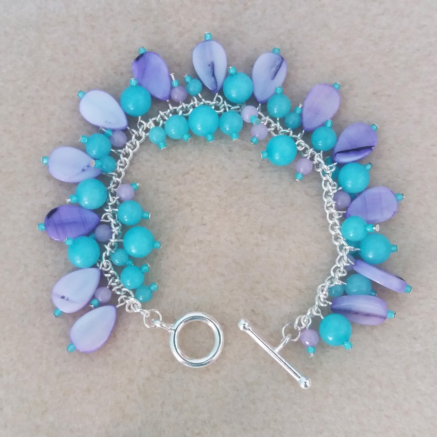 Quartzite and Shell Cluster Bracelet-Teal or Aqua and Purple
