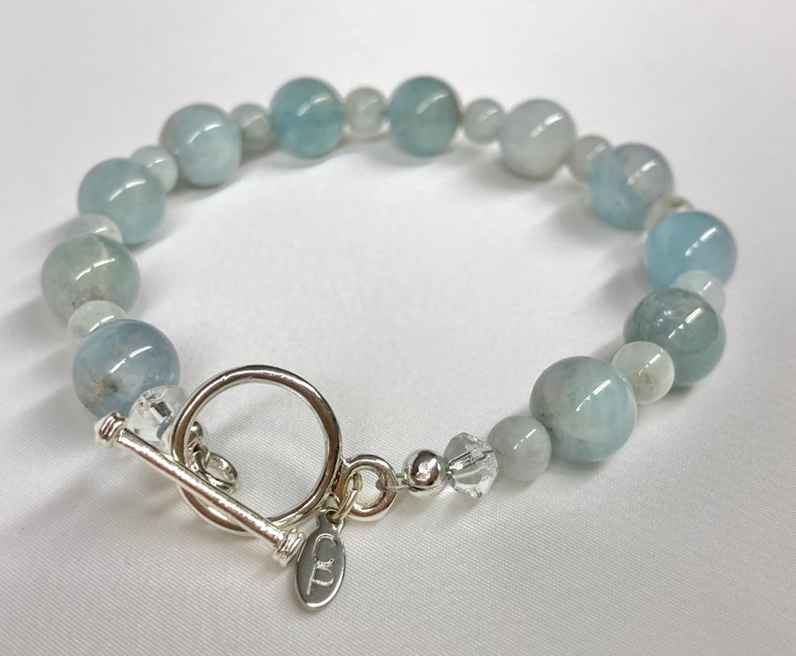 SILVER & AQUAMARINE Beaded Bracelet March Birthday 19th Wedding Anniversary