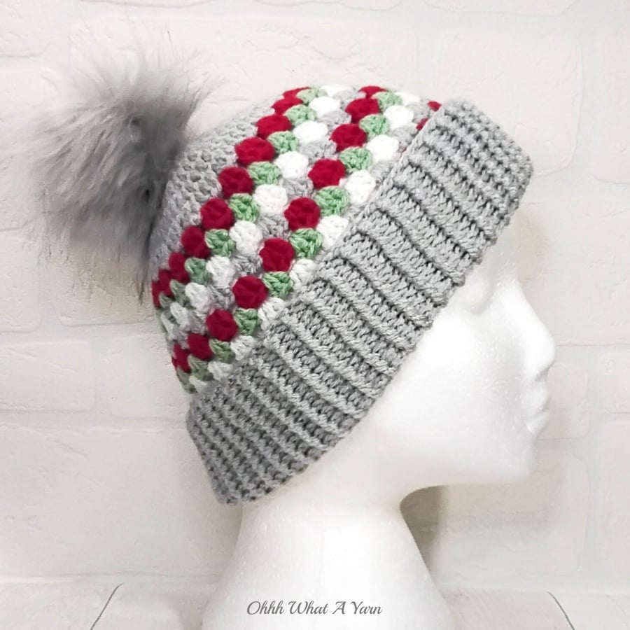 Crochet hat, beanie. Grey red green white granny stitch pom pom hat. Ladies hat.