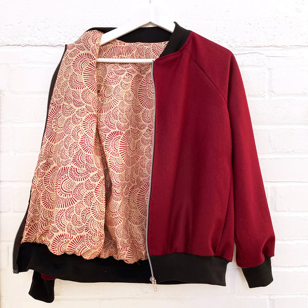 Burgundy Wool Bomber Jacket with Indian Hand Block Cotton Lining