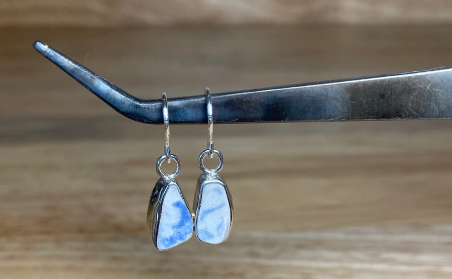 Handmade Welsh Blue & White Sea Pottery & Silver Dangle Earrings