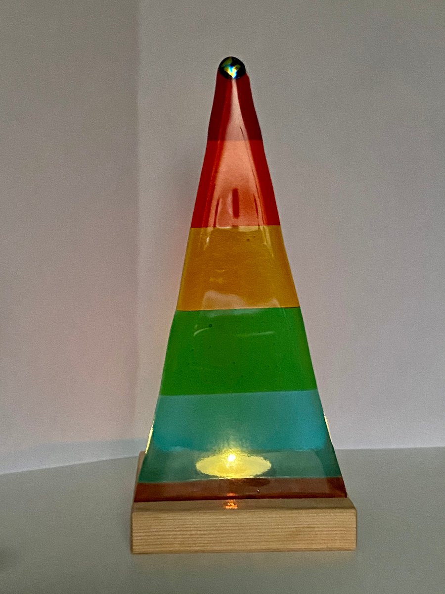 Fused glass rainbow Christmas tree on a pine base with t light rebate