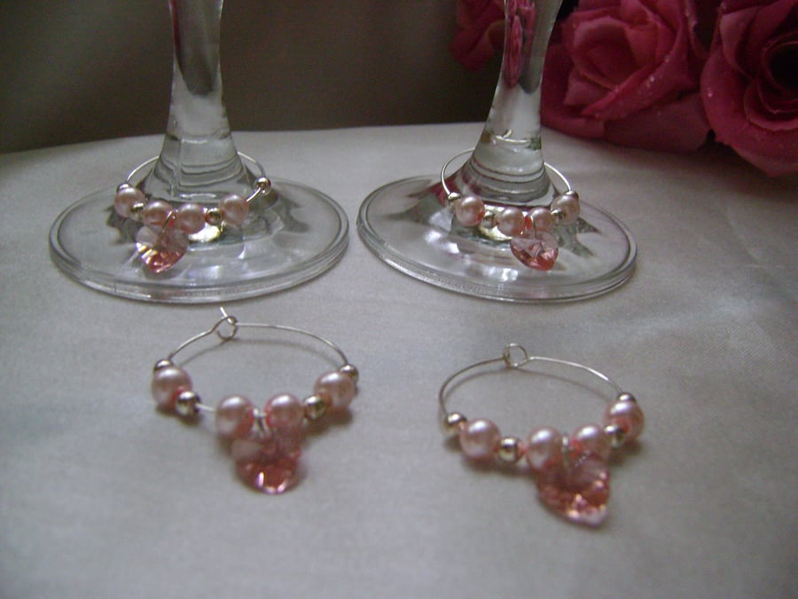 4 Pink Crystal Heart Wine Glass Decorations