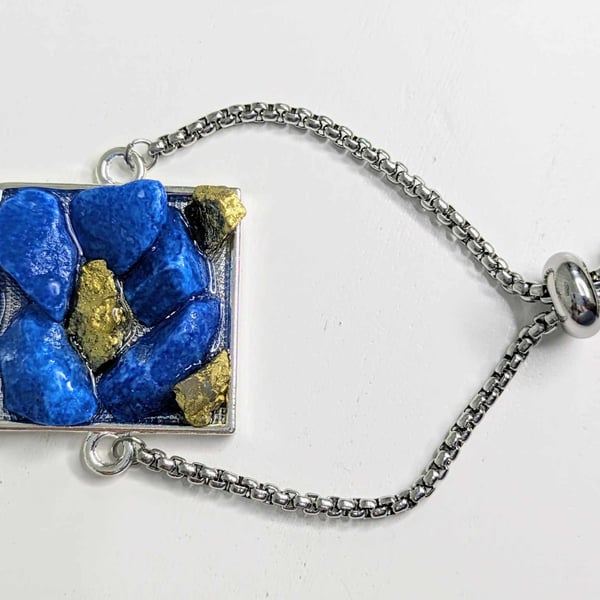 Square Adjustable Bracelet With Blue and Gold Rocks
