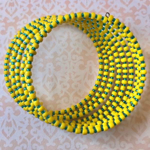 Yellow Beaded Memory Wire Statement Bracelet 