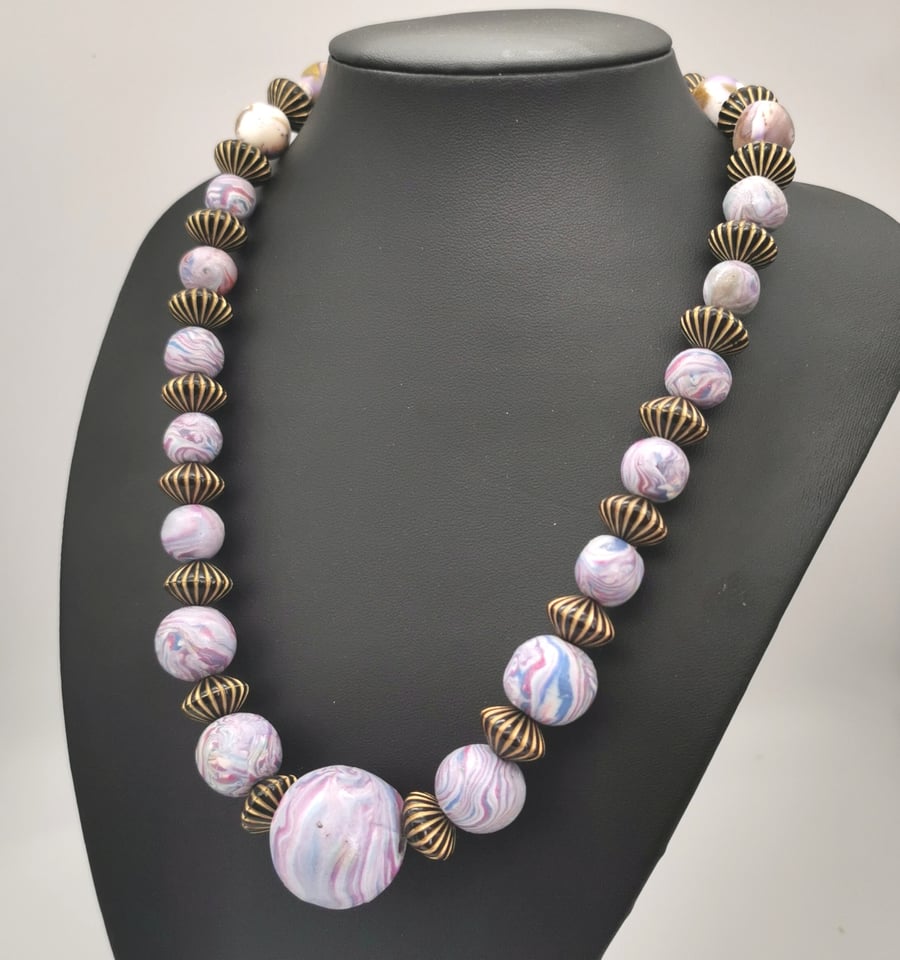  Handmade, Marbled, Beaded Necklace in Soft Blues, Pinks, Violets.