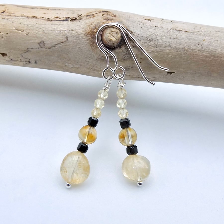 Citrine & Black Spinel Earrings, November Birthstone, Birthday Gifts For Her