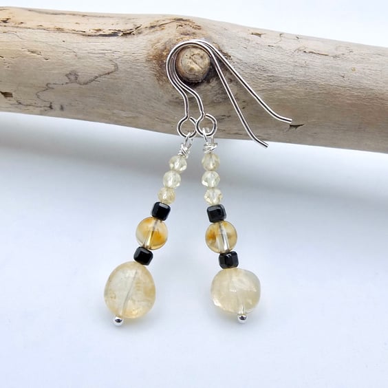Citrine & Black Spinel Earrings, November Birthstone, Birthday Gifts For Her