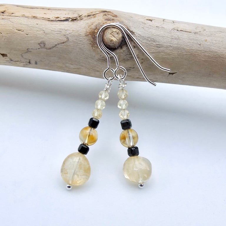 Citrine & Black Spinel Earrings, November Birthstone, Birthday Gifts For Her